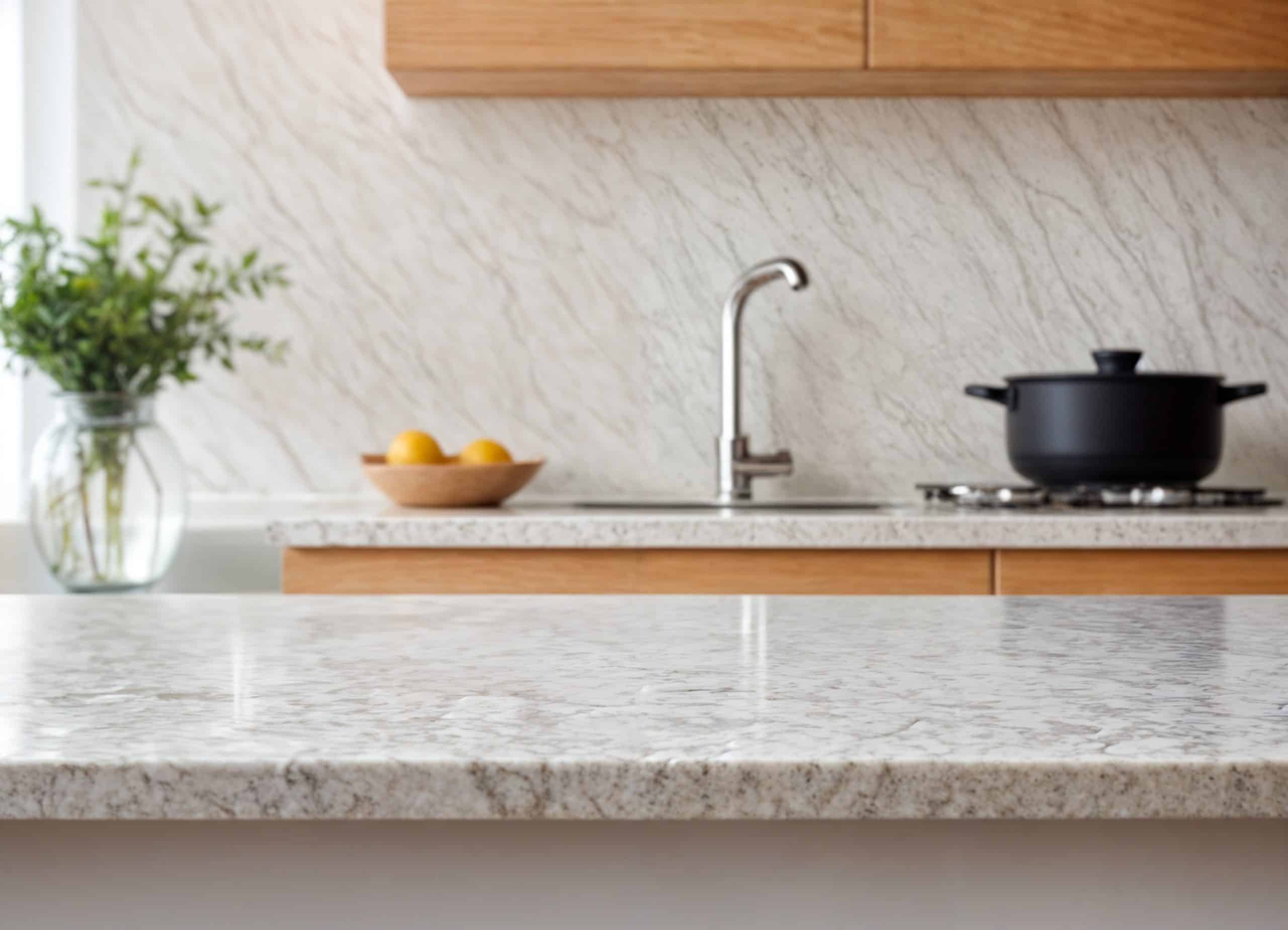 Modern kitchen with a light granite countertop, stainless steel faucet, and wooden cabinets. A black pot sits on a stove while a bowl of lemons and a vase with greenery add charm. Nearby, expert stone restoration in Manhattan NY ensures lasting beauty for your surfaces.