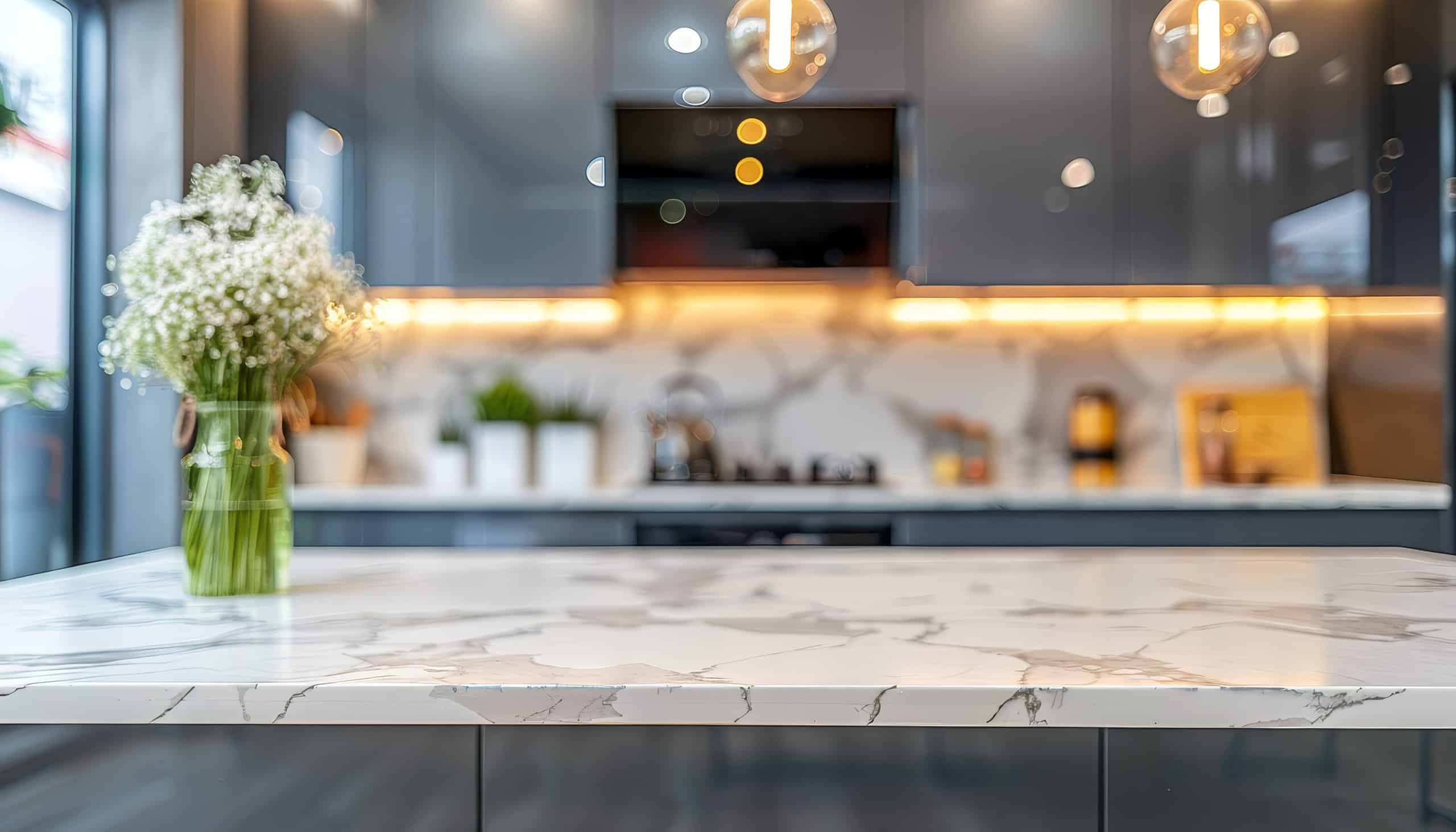 A modern kitchen with a sleek marble countertop, showcasing expert marble restoration in Astoria NY. On the left, a vase of white flowers adds a touch of nature. In the background, gray cabinets, a stove, under-cabinet lighting, and hanging pendant lights create a contemporary ambiance.
