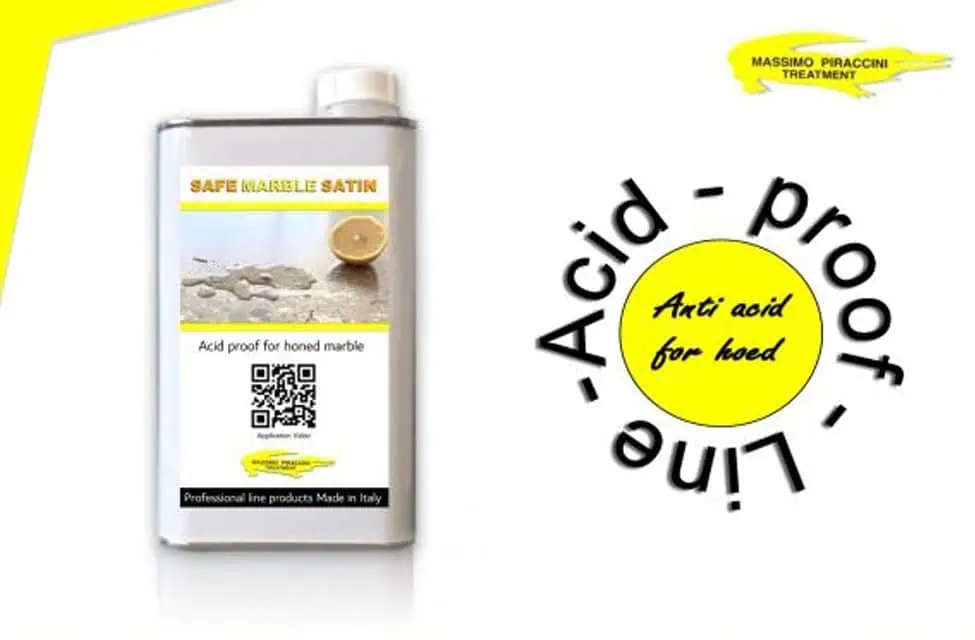A rectangular metal container labeled "Safe Marble Satin" with an image of a lemon. Text reads "Acid proof for honed marble." A QR code is visible. To the right, circular text says "Acid-proof line" and "Anti acid for honed." Top right has a yellow logo.