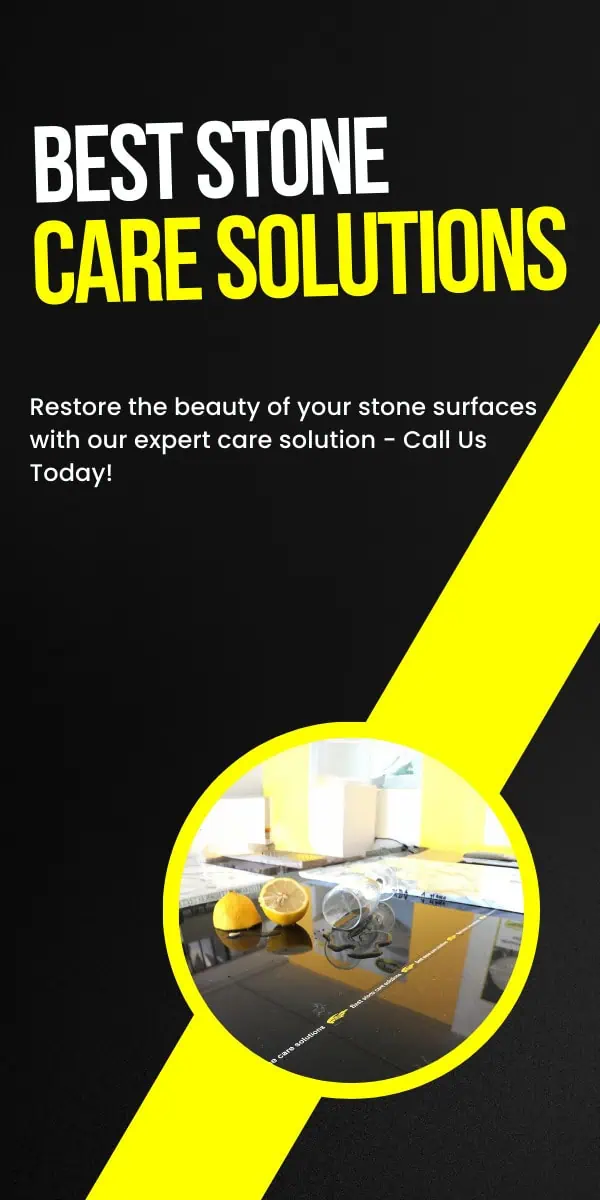 Promotional image with text "Best Stone Care Solutions." Below is a photo of lemons and cleaning supplies on a countertop. Additional text reads, "Restore the beauty of your stone surfaces with our expert care solution - Call Us Today!.
