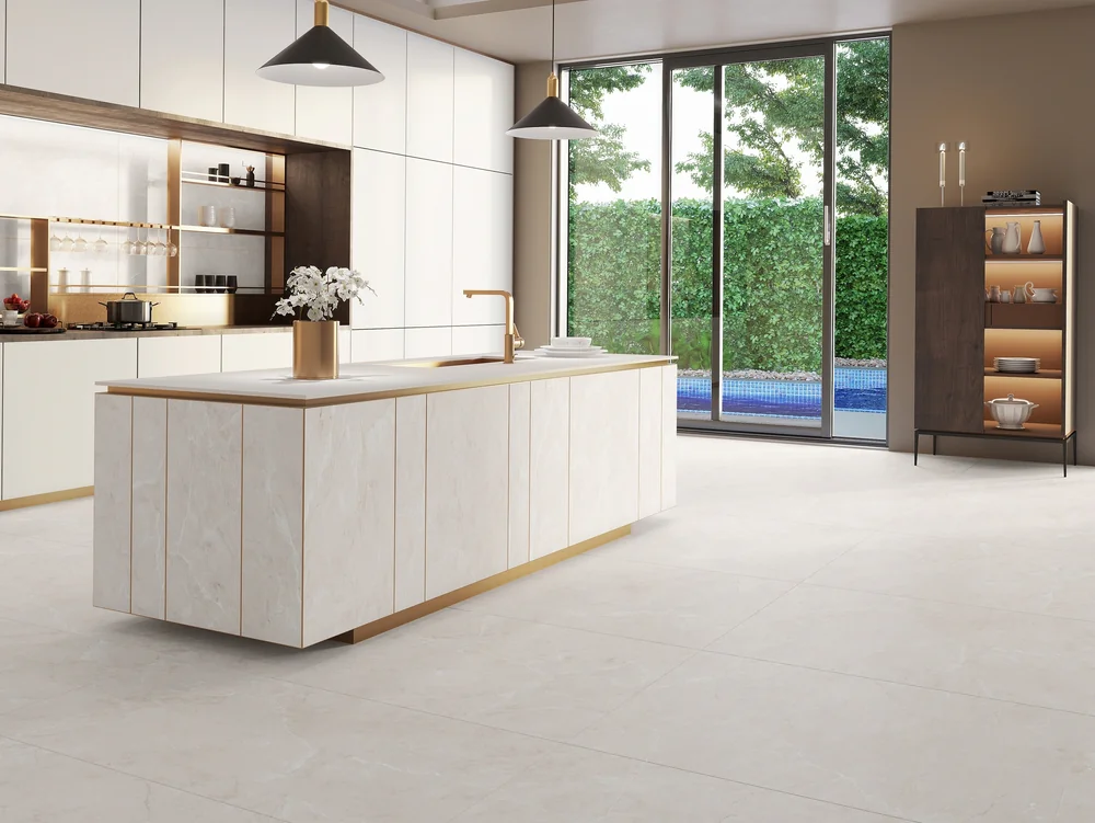 Modern minimalist kitchen interior with sleek white cabinetry, light wood accents, and streamlined appliances in a contemporary NYC home